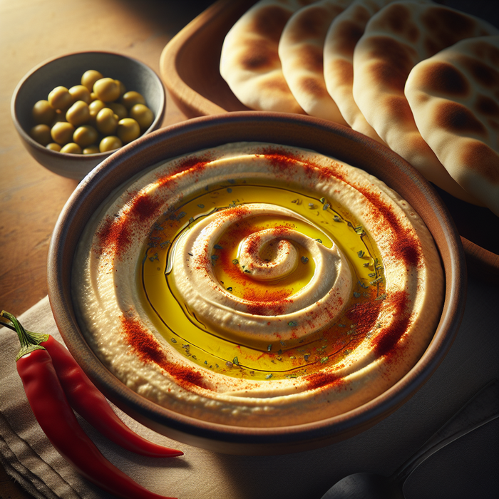 Creamy hummus topped with olive oil and paprika, served with fresh pita bread