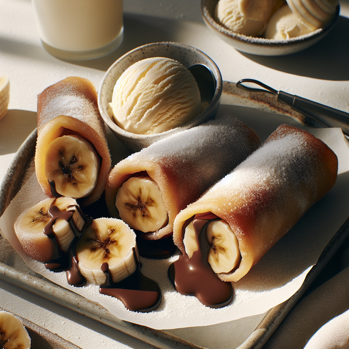 Sweet spring rolls filled with banana and chocolate served with ice cream