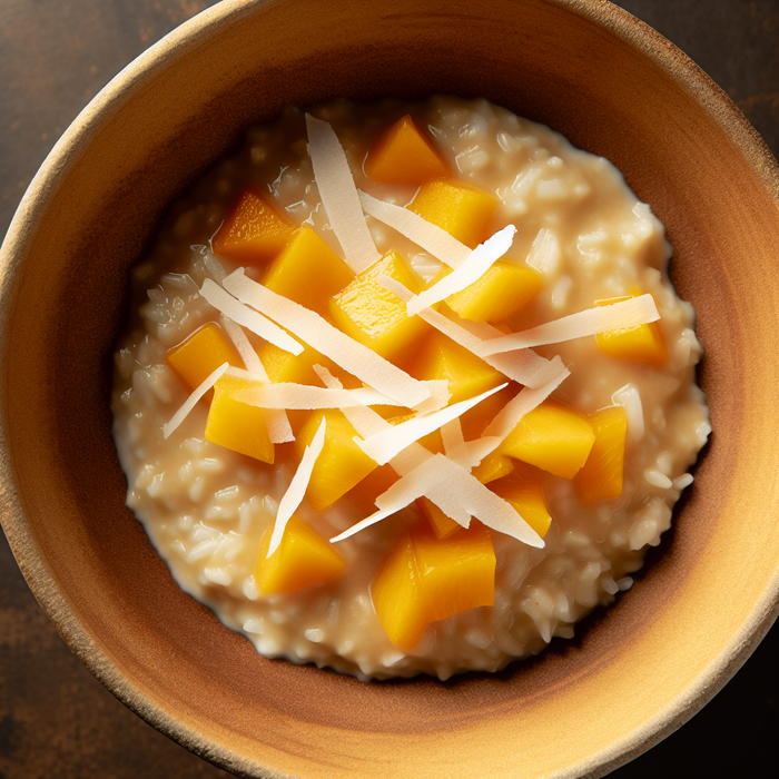 Bowl of rice pudding topped with fresh Egyptian mango chunks and toasted coconut