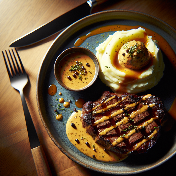 Halal sirloin steak pan-seared and served with creamy peppercorn sauce and mash