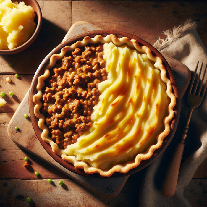 Baked halal minced meat shepherd’s pie with a golden potato topping on a rustic table
