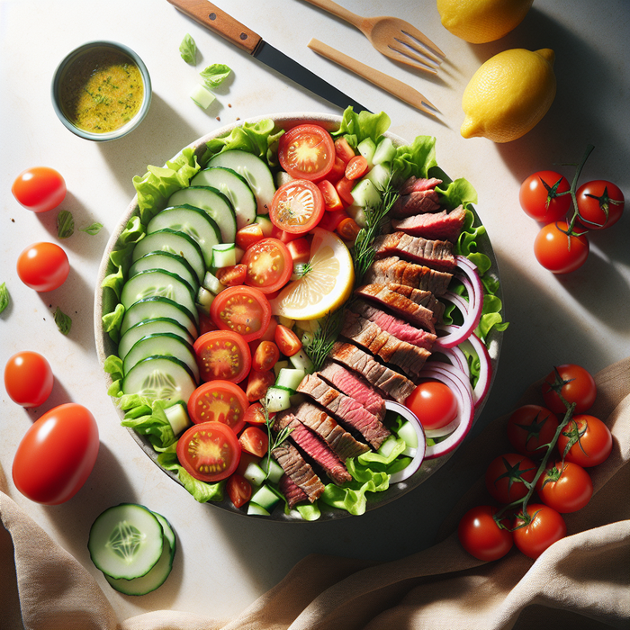 Fresh salad topped with sliced beef shawarma and drizzled with lemon vinaigrette