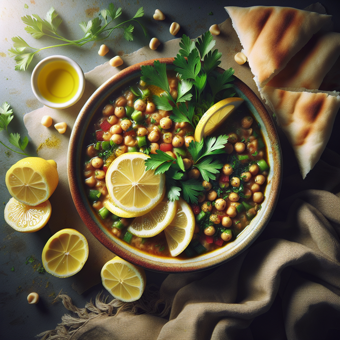 Bowl of ful medames topped with olive oil and parsley, with lemon and pita on the side