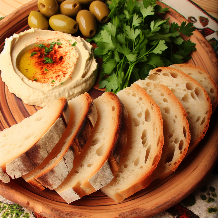 Turkish bread slices with hummus dip and olives on a rustic platter