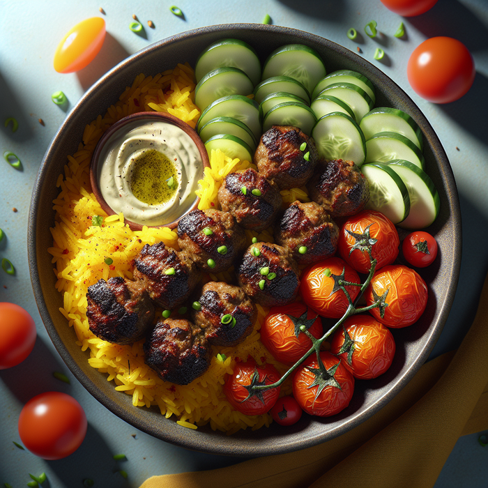 Lamb kofta rice bowl with turmeric rice and colourful vegetables