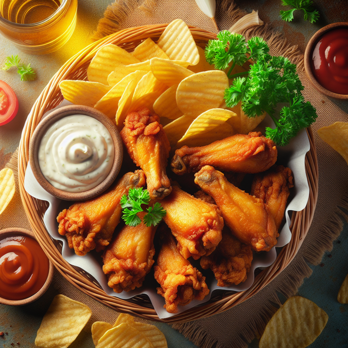 Golden, crispy halal chicken wings served in a basket with chips and creamy dipping sauce