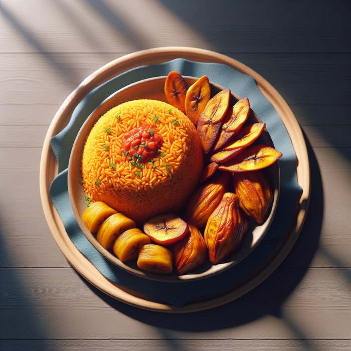 A plate of Nigerian Jollof rice served with golden fried plantains