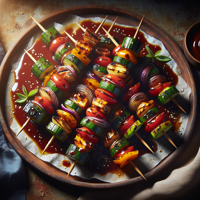 Grilled vegetable skewers drizzled with BBQ sauce on rustic platter