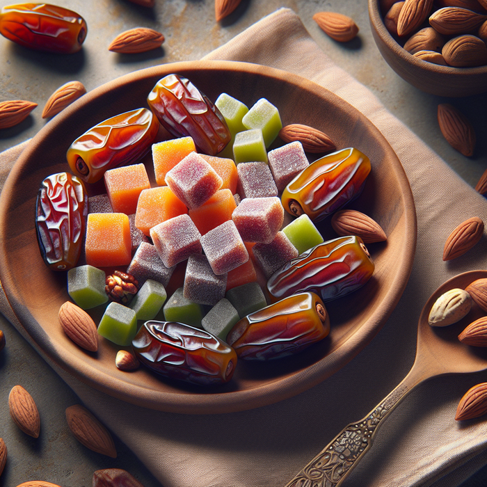 Medjool dates filled with cubes of colourful lokum and topped with crushed nuts