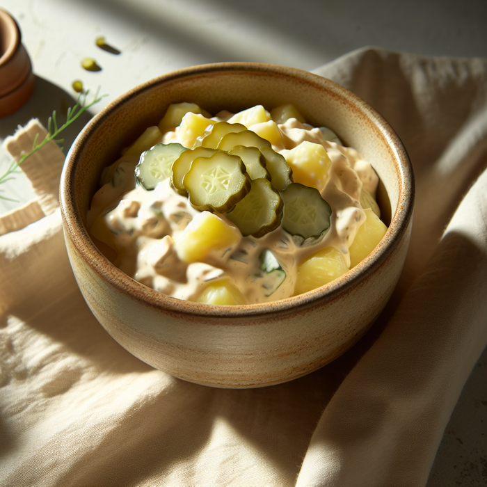 Creamy potato salad with chopped pickles in a ceramic bowl on a rustic table