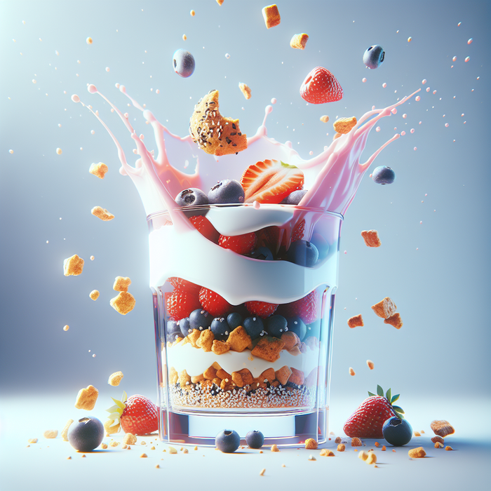 Glass parfait with layers of yoghurt, fresh berries, and crumbled sesame cookies