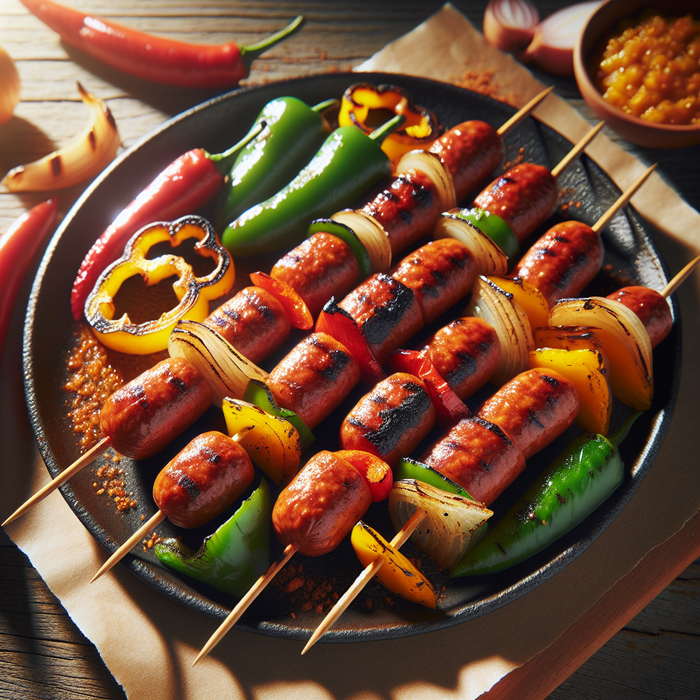 Grilled Merguez sausage skewers with colourful peppers and onions