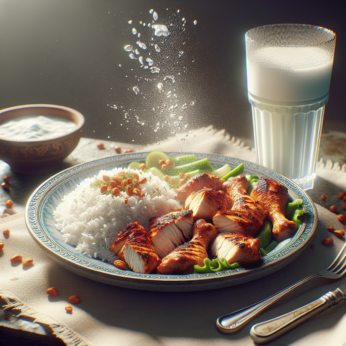 Grilled chicken with rice and a cold glass of Melis ayran for pairing