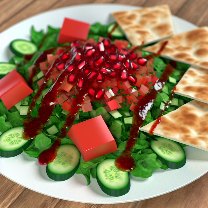 Fattoush salad with crispy pita and fresh vegetables in tangy dressing