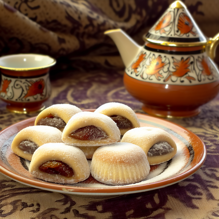 Maamoul pastries filled with dates and lightly dusted with icing sugar