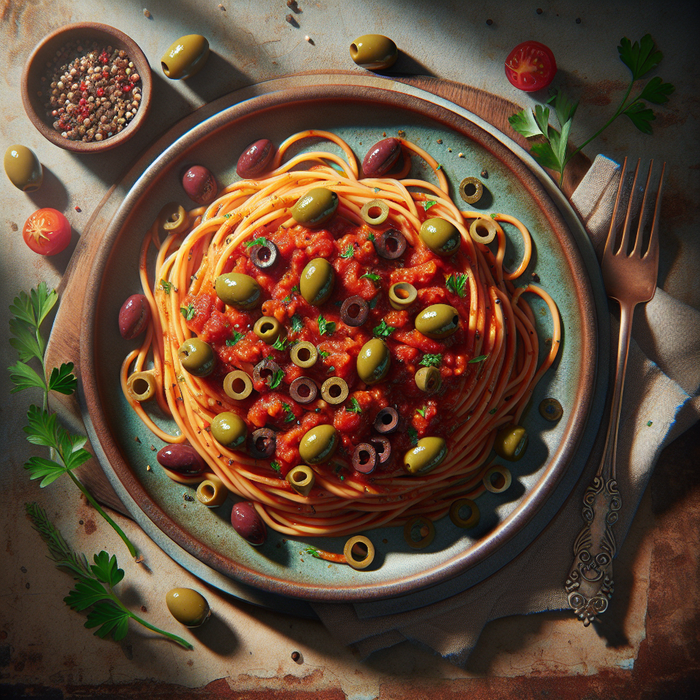 Spaghetti puttanesca with Kalamata olives and capers in a rich tomato sauce