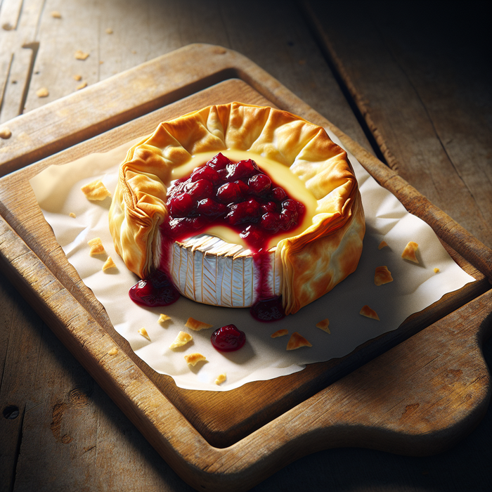 Golden fillo pastry wrapped around melted brie with cranberry filling