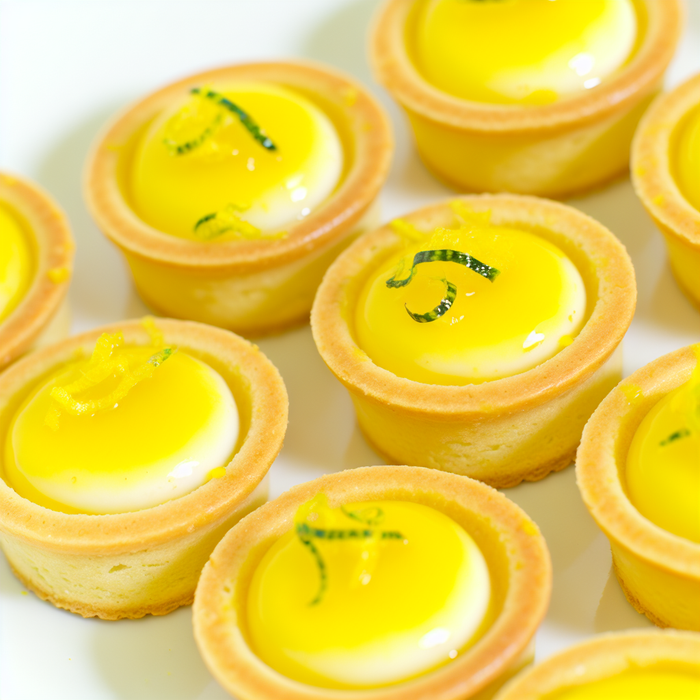 Lemon petit four tartlets with lemon glaze and zest on a ceramic plate.