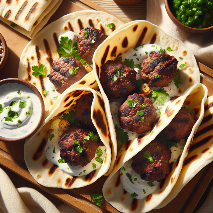 Grilled halal beef koftas in flatbreads with herbs and yoghurt dressing on a wooden board