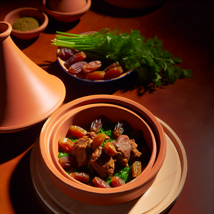 Moroccan lamb tagine cooked with dried dates and herbs in a clay dish