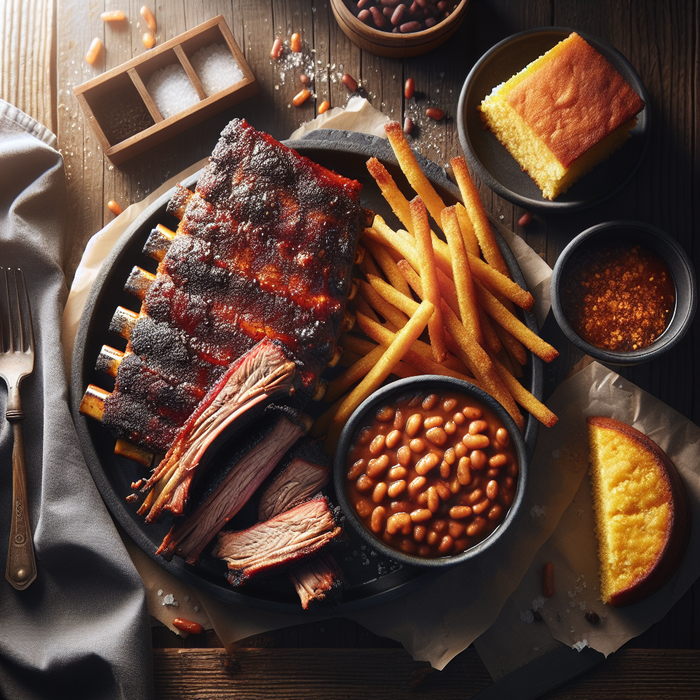 Dry-rubbed BBQ ribs with crispy crust, served beside baked beans and golden cornbread