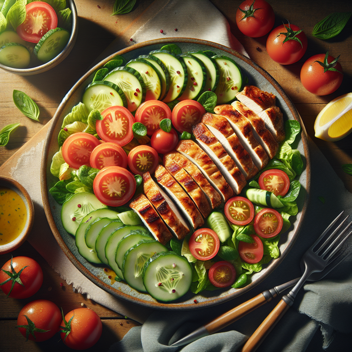 Grilled chicken shish taouk slices on fresh salad with tomato, cucumber, herbs and lemon wedges