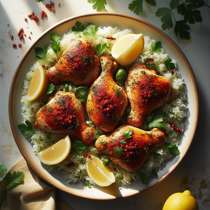 Sumac-seasoned baked chicken thighs served on a bed of rice