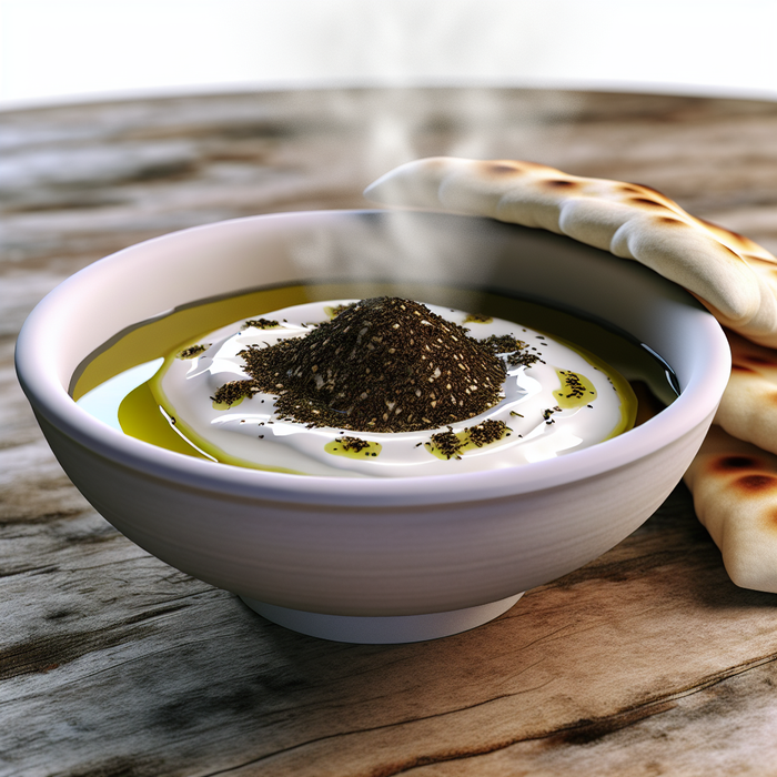 Creamy labneh topped with zaatar and olive oil beside pita bread