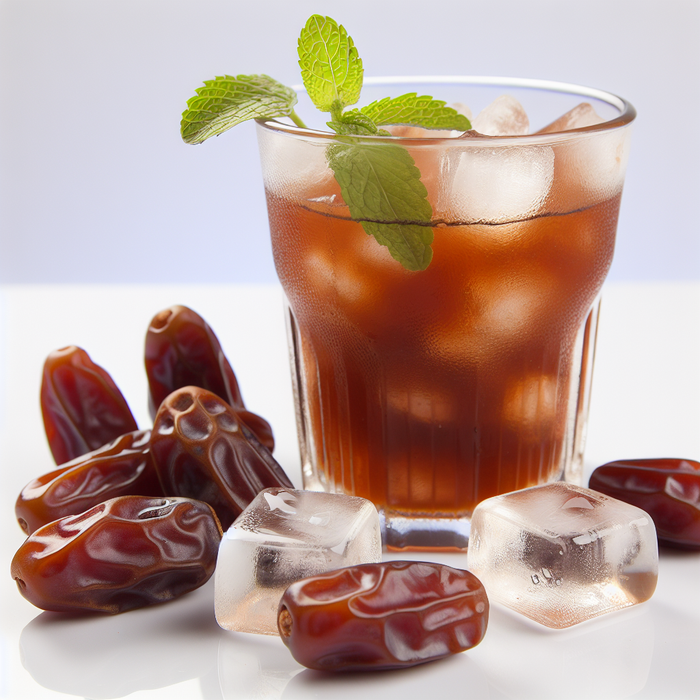 A glass of iced tamarind drink with whole dates and mint garnish