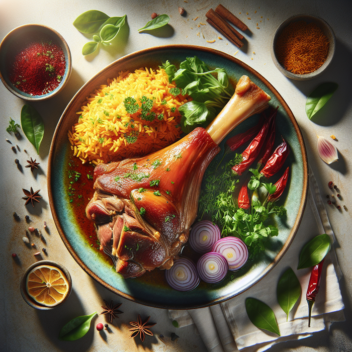 Halal lamb shank plated with saffron rice and fresh herbs in a Persian-inspired dish