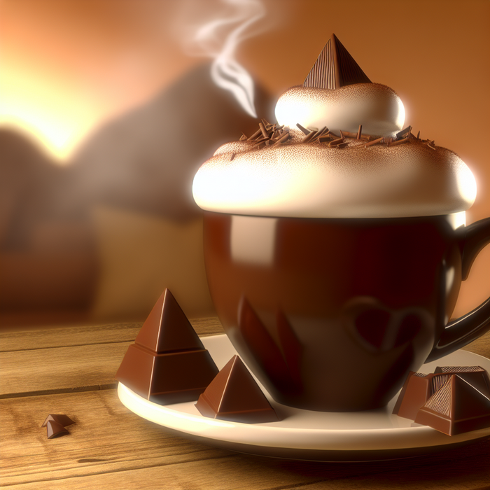 Mug of Toblerone hot chocolate with whipped cream and chocolate shavings on a wooden table