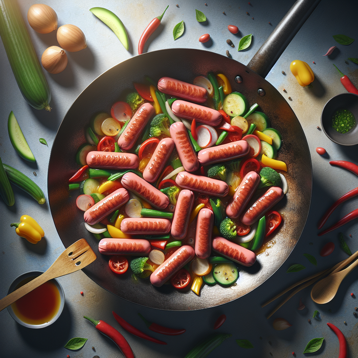 Sliced halal frankfurters stir-fried with peppers, onions, and greens in a wok