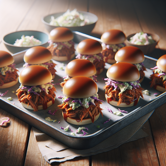 Three pulled beef sliders in mini buns with coleslaw on a serving tray