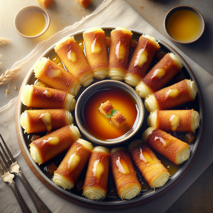 Rolled Cheese kunafa with syrup drizzle and crisp golden texture on a serving platter