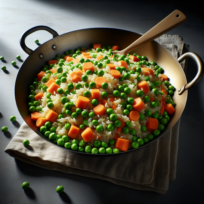 Stir-fried rice in a wok with visible peas and carrots and golden tones from soy sauce