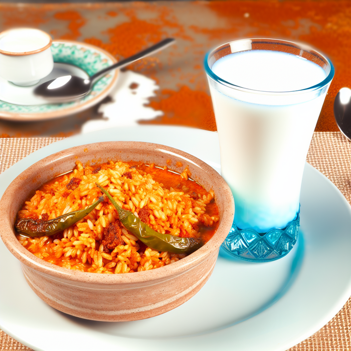 Spicy Turkish pilaf rice served with a glass of Turkish Ayran on a traditional table setting