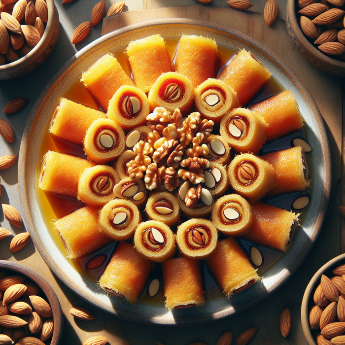 Kunafa rolls filled with nuts, golden and glazed with syrup on a ceramic platter