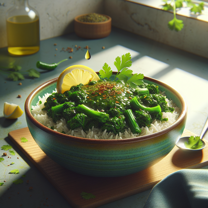 Rice bowl topped with cooked molokhia, lemon slices, and fresh coriander