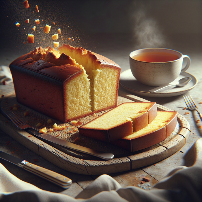 Sliced Earl Grey tea cake on rustic board with a cup of tea next to it
