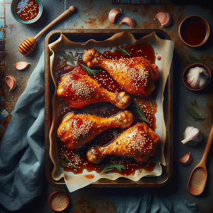 Glazed halal chicken drumsticks with a sticky honey garlic coating on a baking tray