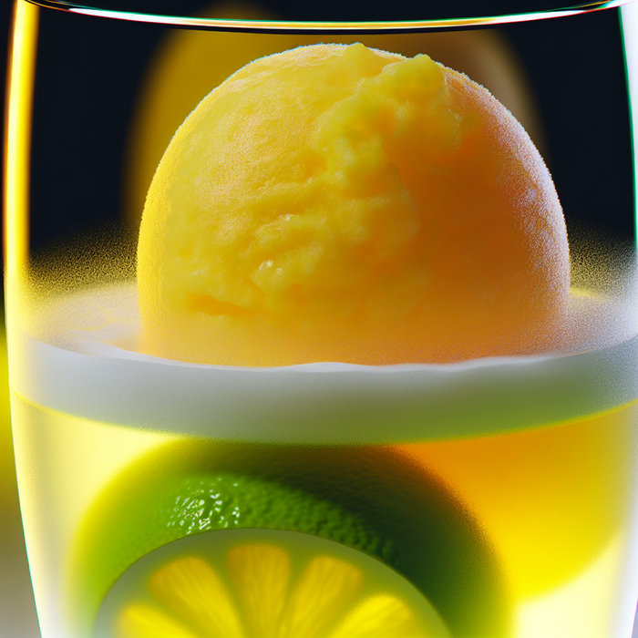 Glass of lemon Freez Drink topped with citrus sorbet as a refreshing float
