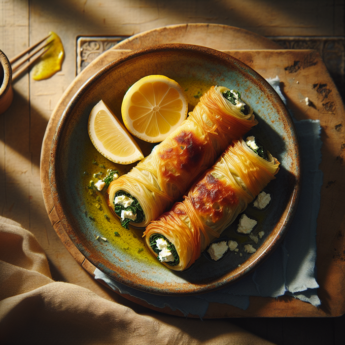 Baked kataifi rolls with feta and herbs, served with lemon wedge on a plate