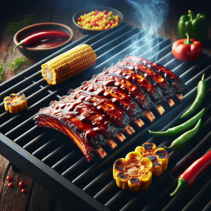 BBQ pork ribs cooking on a grill with corn and colourful peppers