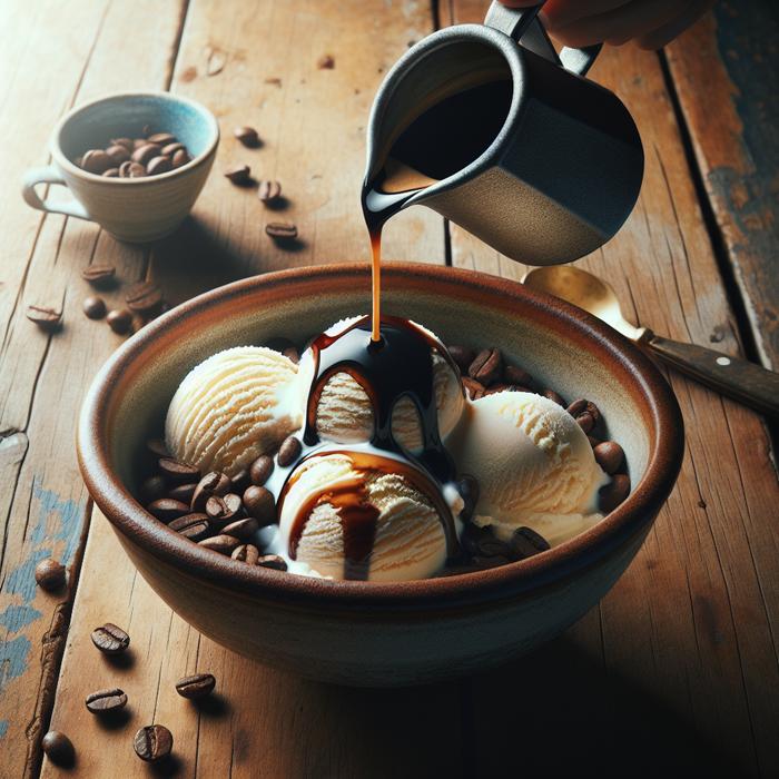 Espresso being poured over vanilla ice cream in a bowl, creating a creamy coffee dessert