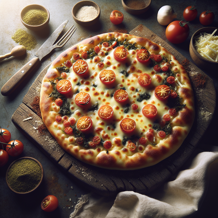 Manakish zaatar topped with melted cheese and cherry tomatoes on a wooden board