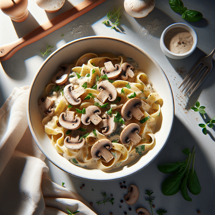 Creamy mushroom pasta in a white bowl garnished with fresh herbs