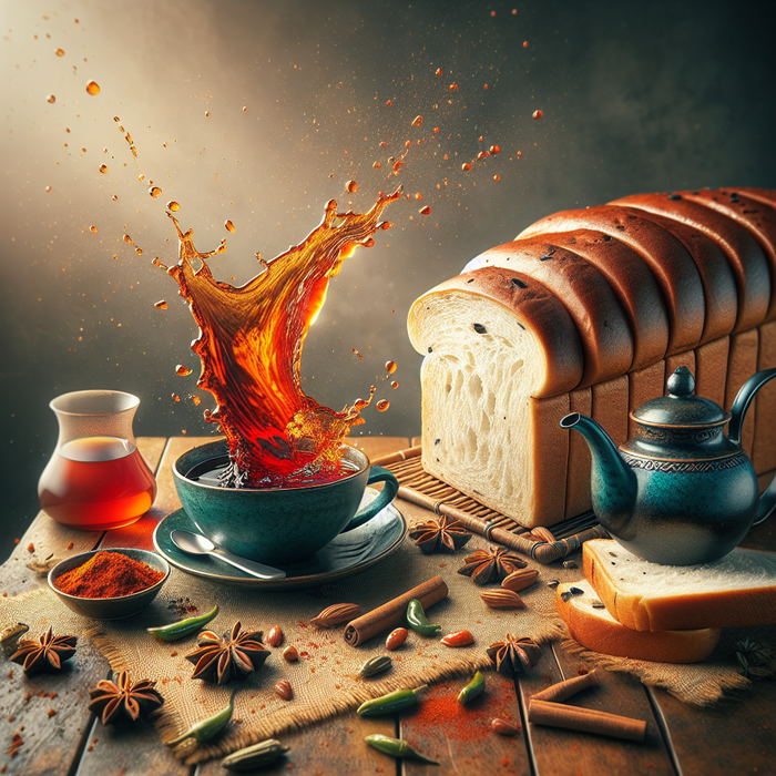 Kaak bread beside a cup of steaming spiced black tea on a wooden tray
