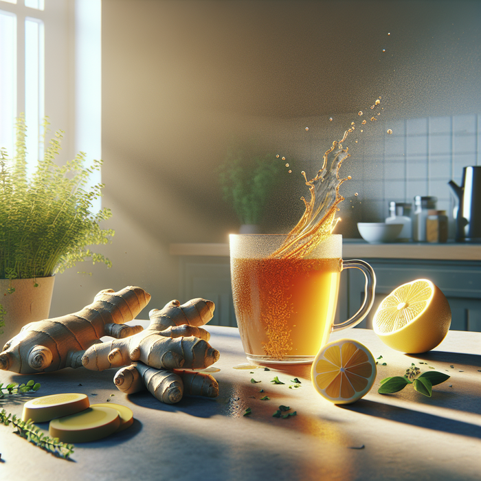 A mug of ginger and lemon tea with fresh ginger, lemon slices, and herbs on a kitchen counter