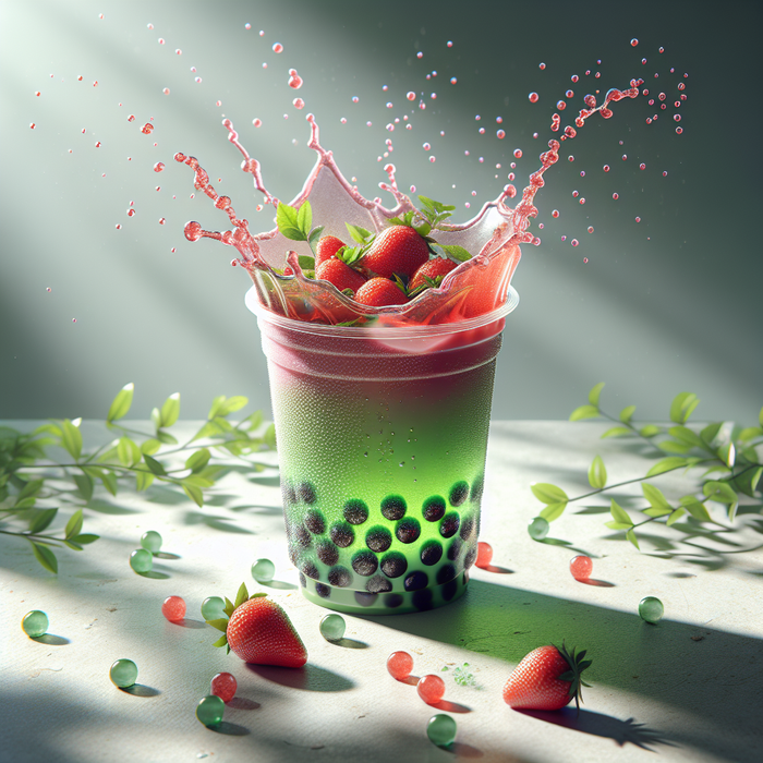 Green tea with strawberry syrup and tapioca pearls in a clear cup with condensation