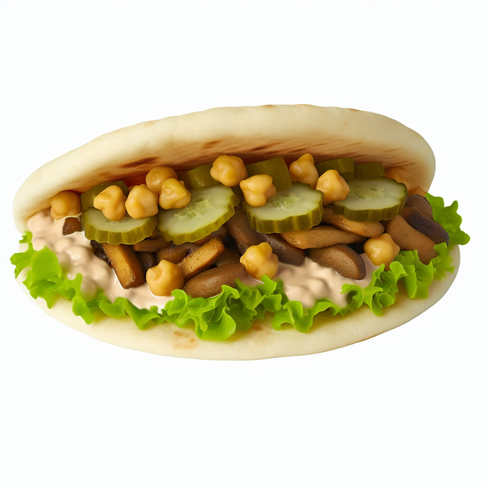 Vegetarian shawarma pita with mushrooms, chickpeas, greens, and tahini
